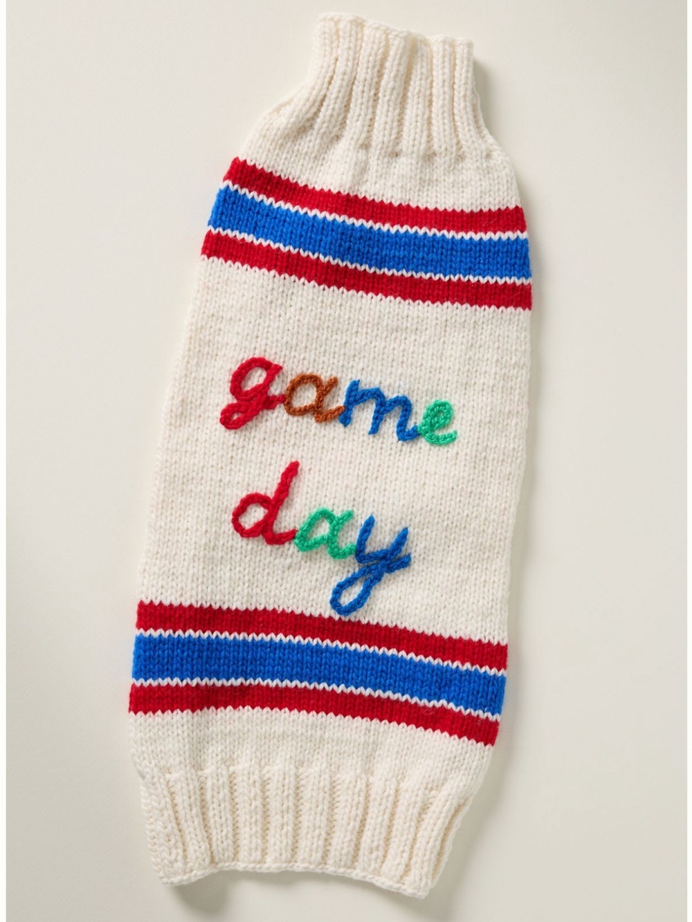 Anthropologie Cream Knit Dog Sweater with Red & Blue Stripes